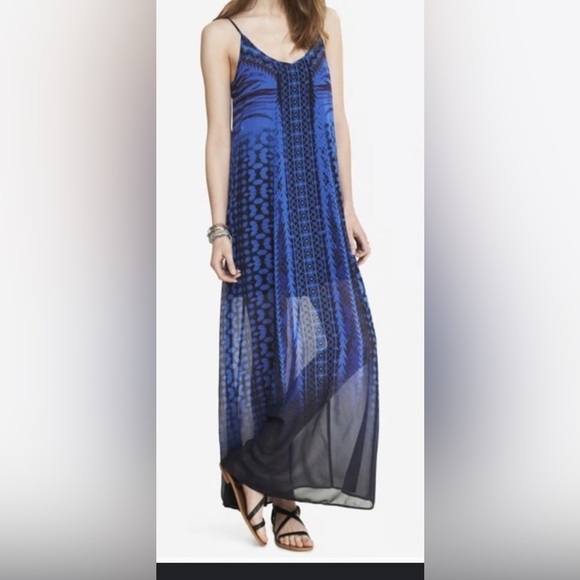 Express Dresses & Skirts - Express Blue Sheer Geometric Printed Sleeveless V Neck Maxi Dress Y2K